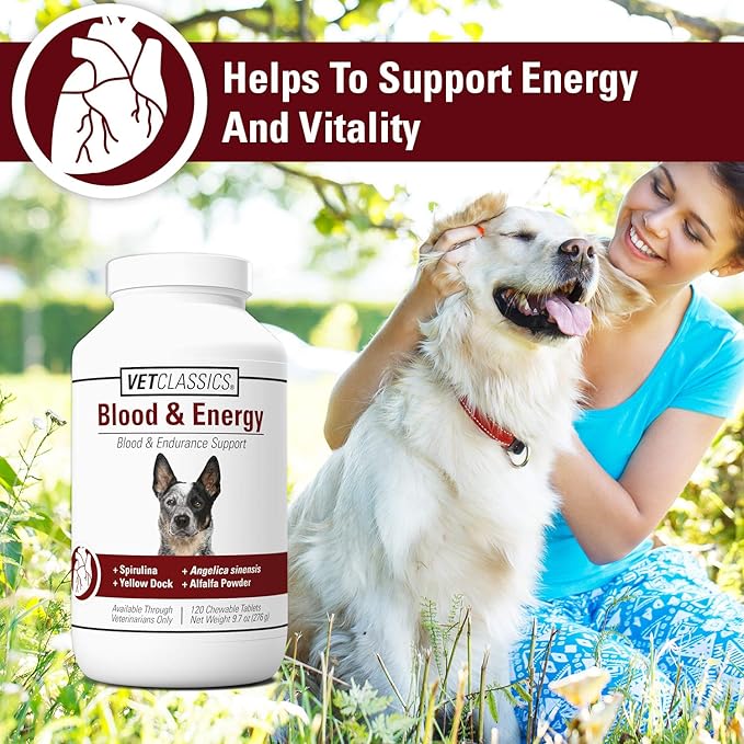 Vet Classics Blood & Energy Support for Dogs, Supports Endurance with Spirulina, Yellow Dock, & Alfalfa Support Formation of Hemoglobin and Myoglobin, 120 Chewable Tablets