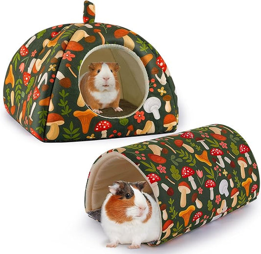 Bienbee Guinea Pig Hideout, Washable Rabbit Bed with Guinea Pig Tunnel, 2 Pack Guinea Pigs Toys Set Bunny Hideout Cage Accessories for Hamster Ferret Rabbits Bunny, Green Mushroom