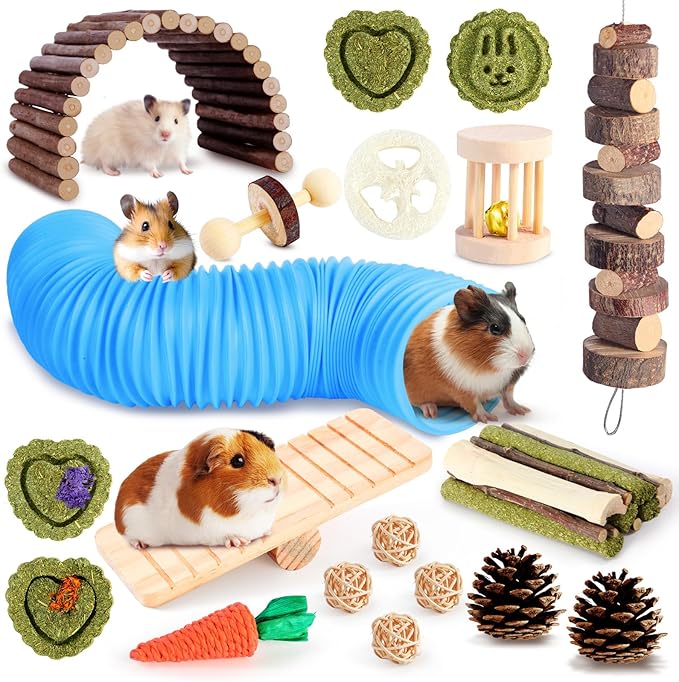 Kyouki Hamster Toys Guinea Pig Toys Set with Tunnel, Chewable Apple Wood & Natural Timothy Hay - Enrichment Chew Toys for Small Animals - 24+ Cage Accessories for Teeth Care & Boredom Relief (Blue)