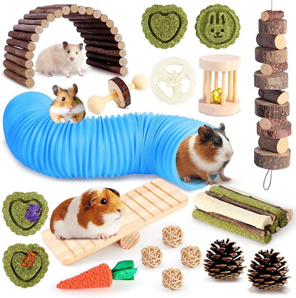 Kyouki Hamster Toys Guinea Pig Toys Set with Tunnel, Chewable Apple Wood & Natural Timothy Hay - Enrichment Chew Toys for Small Animals - 24+ Cage Accessories for Teeth Care & Boredom Relief (Blue)