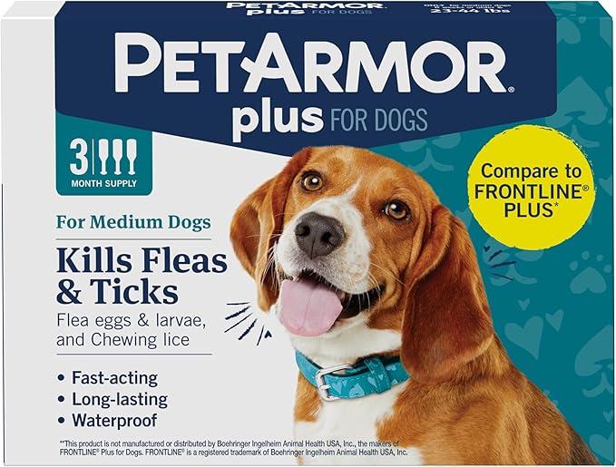 PetArmor Plus Flea and Tick Prevention for Dogs, Medium Dog Flea and Tick Treatment, 3 Doses, Waterproof Topical, Fast Acting (23-44 lbs)
