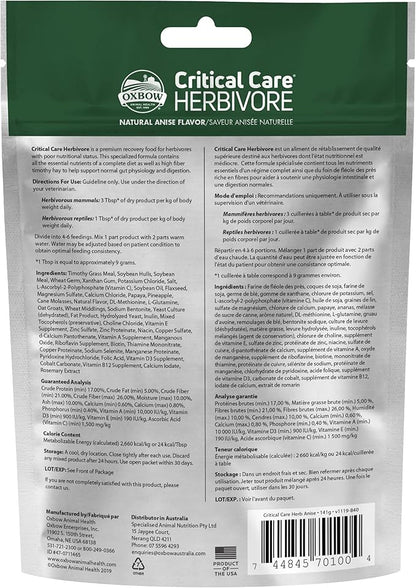 Oxbow Critical Care Herbivore, Emergency Guinea Pig Food, Rabbit Food for Recovery, Natural Anise Flavor, Veterinary Formula, Critical Care for Guinea Pig Emergency Kit, 141 gram bag