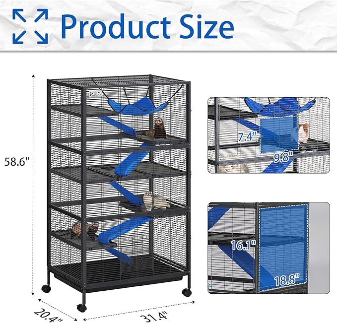 Polar Aurora Metal Small Animal Cage 6 Tiers Homes for Pets Removable Ferret Cage with Lockable Wheels, 59" H Deluxe Chinchilla Cage with Hammock and Removable Tray (XL)