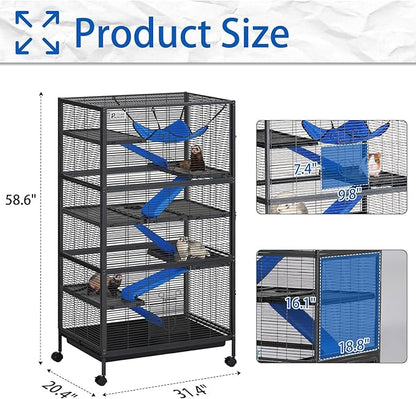 Polar Aurora Metal Small Animal Cage 6 Tiers Homes for Pets Removable Ferret Cage with Lockable Wheels, 59" H Deluxe Chinchilla Cage with Hammock and Removable Tray (XL)