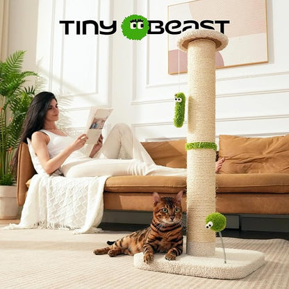 TINYBEAST 34.7" Tall Cat Scratching Post, 3 in 1 Sisal Cat Scratcher, Heavy Duty 4.3" Diameter Cat Tree with Hanging Bell Ball Toy and Reinforced Stable Base for Indoor Adult Cats & Kittens(Beige)