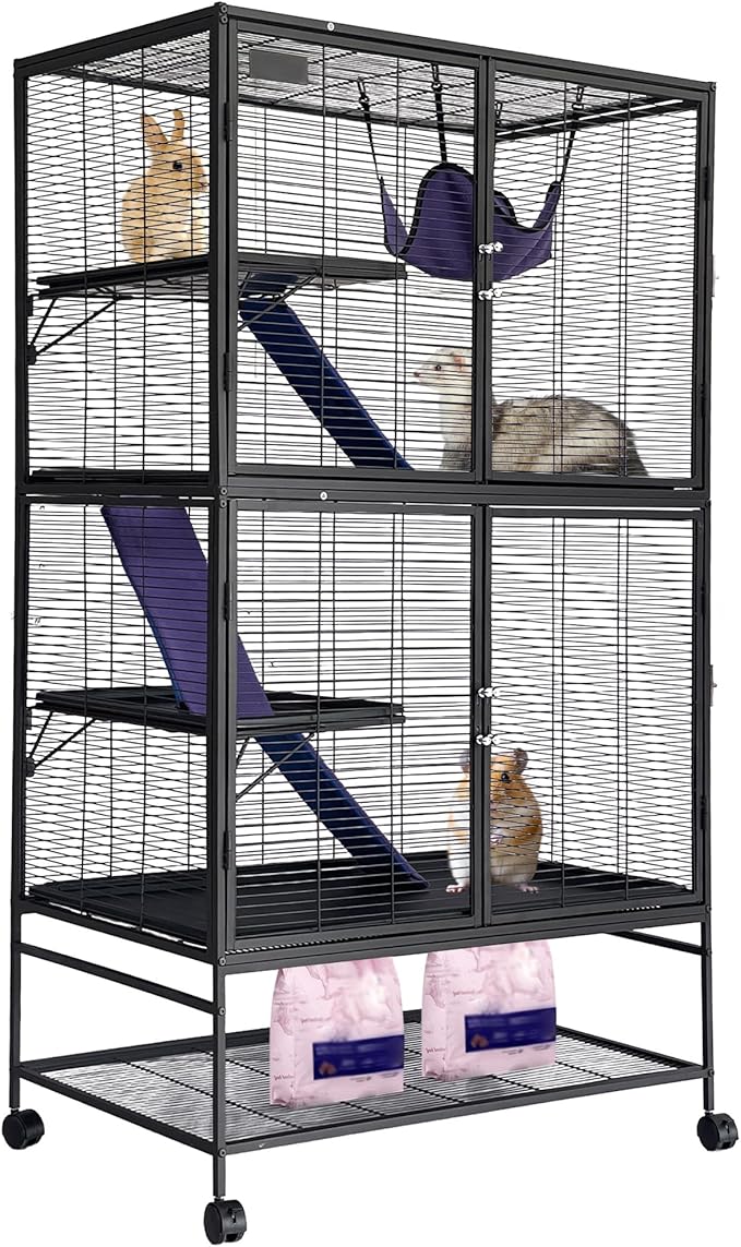 Garvee Small Animal Cage, 64 ''H Deluxe Ferret Cage - 4 Tier Large Chinchilla Cage with Removable Ramp, Hammock, Extra Storage Stand,Removable Tray for Ferret, Chinchilla, Guinea Pig,Hamster