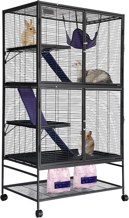 Garvee Small Animal Cage, 64 ''H Deluxe Ferret Cage - 4 Tier Large Chinchilla Cage with Removable Ramp, Hammock, Extra Storage Stand,Removable Tray for Ferret, Chinchilla, Guinea Pig,Hamster