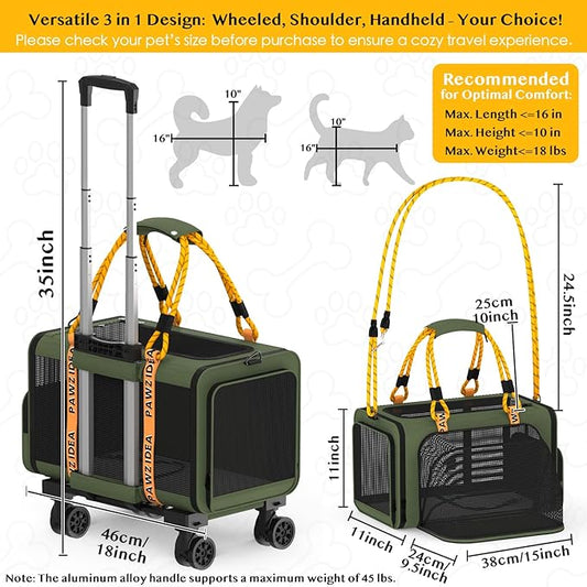 PAWZIDEA Expandable Pet Carrier with Wheels, 18X11X11 TSA Airline Approved Cat Carrier w/ID Card for 2 Cats, Small Dog Carrier Car Seat Travel Bag, Max Weight Recommendation 18 lbs，Green