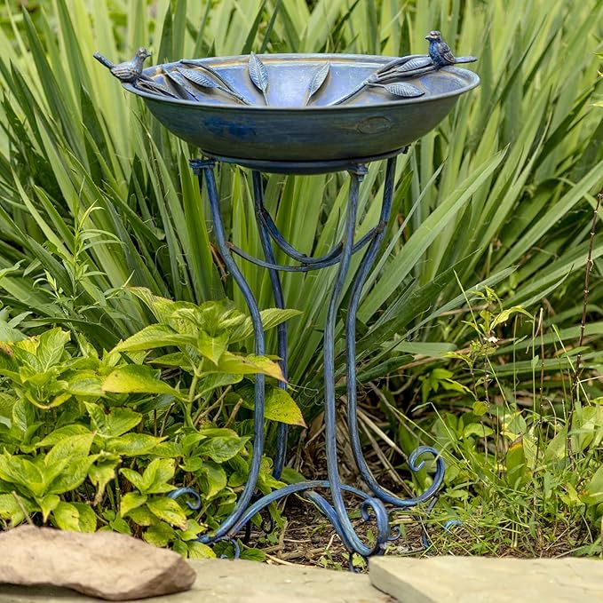 Zaer Ltd. Deep Well Made Metal Birdbath with 2 Cast Iron Birds and Leaf Decoration (Frosted Blue)