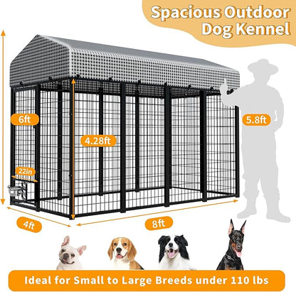 Large Dog Kennel Outside with Roof, Heavy-Duty Indoor Outdoor Dog Run Dog Enclosure with Removable Cover, Dog Pens Outside Playpen with Latch-Lock & Swivel Feeding Door, 4x8x6 Ft
