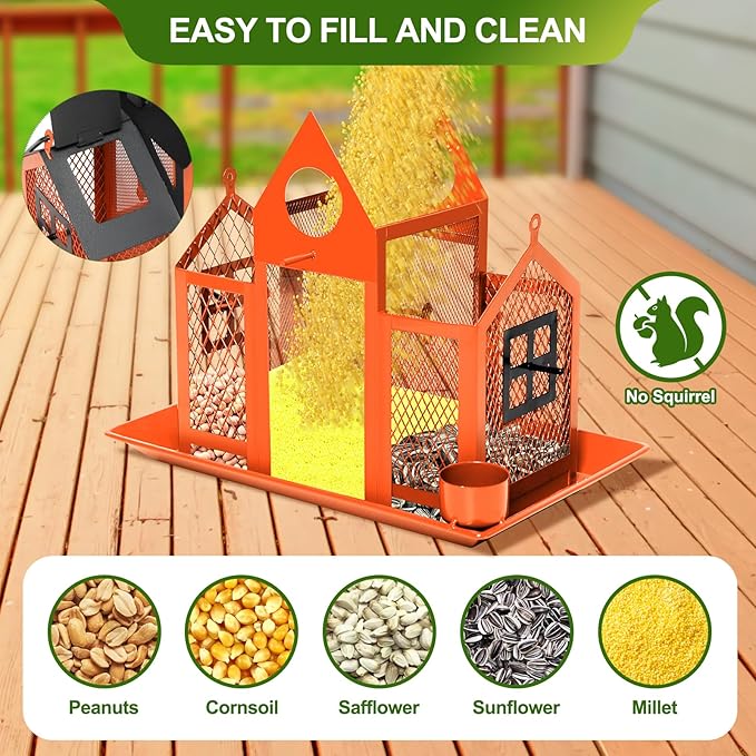 Solar Bird Feeders House for Outdoors Hanging, 7LBS Large Capacity Metal Wild Bird Feeder Squirrel Proof for Outside with Water Cup, Cardinal Birdfeeder Birdhouses Gift for Bird Lovers (Orange)
