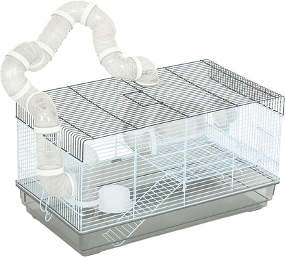 PawHut Hamster Cage, 2 Levels Gerbil Cage, Small Animal Cage for Dwarf Hamster with Tubes and Tunnels, Exercise Wheel, Food Dish, Water Bottle, Ramp, 23" x 13" x 12", Gray