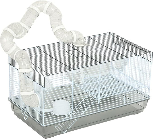 PawHut Hamster Cage, 2 Levels Gerbil Cage, Small Animal Cage for Dwarf Hamster with Tubes and Tunnels, Exercise Wheel, Food Dish, Water Bottle, Ramp, 23" x 13" x 12", Gray