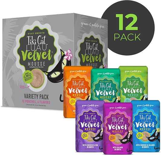 Tiki Cat Velvet Mousse, Protein Blend in Broth Variety Pack, Complete Nutrition for Balanced Diet, Wet Cat Food For All Life Stages, 2.8 oz. Pouch (Pack of 12)