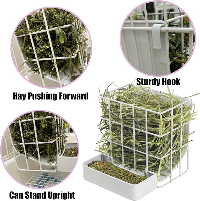 Rabbit Hay Feeder Guinea Pig Hay Feeder, Hay and Food Holder with Hook Heavy-Duty Metal Frame Hay Rack，for Bunny, Guinea Pigs,Chinchillas， Comes with Two Multifunctional Zippers-6.8x6.7x6.6inch