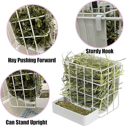 Rabbit Hay Feeder Guinea Pig Hay Feeder, Hay and Food Holder with Hook Heavy-Duty Metal Frame Hay Rack，for Bunny, Guinea Pigs,Chinchillas， Comes with Two Multifunctional Zippers-6.8x6.7x6.6inch