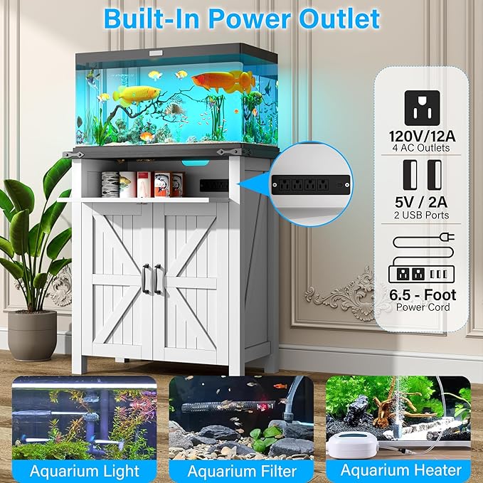 20 Gallon Fish Tank Stand with Power Outlets, Farmhouse Decorative Aquarium Stand Furniture with Adjustable Shelves, 10-20 Gallon Reptile Turtle Tank Stand with Cabinet Storage (White, 20GL)