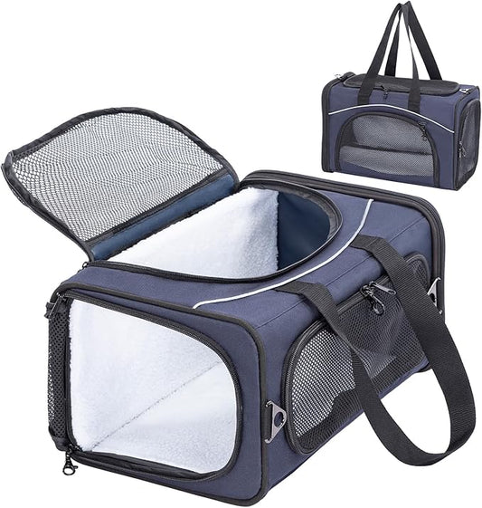 ‌Petsfit Airline Approved Pet Carrier for Small Cats, 15x8x10 TSA Approved Carrier, with Removable Dual-Sided Padding (2-Way Placement) - Fits Under Most Airplane Seats, Escape Proof (Navy)