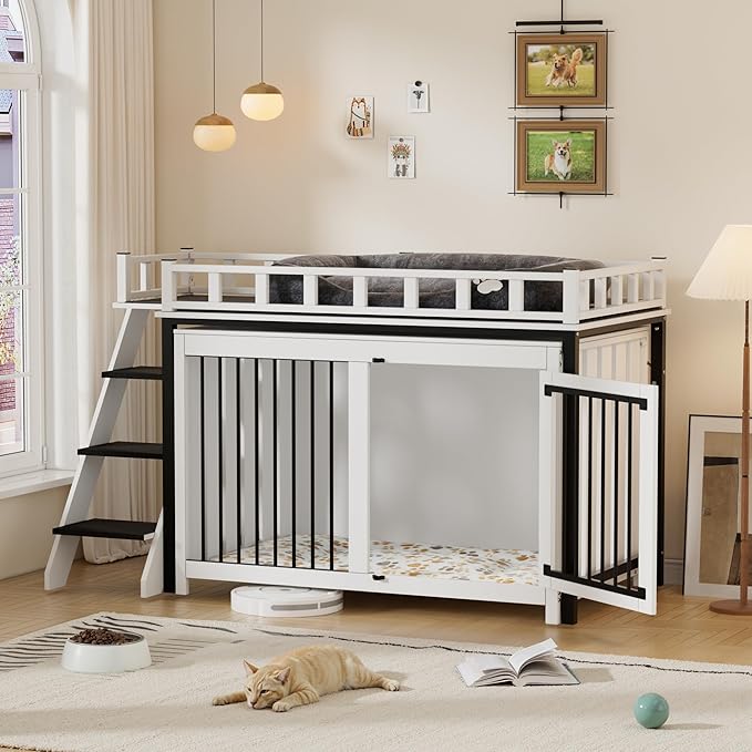 PAKASEPT Dog Crate Furniture, Pet Bunk Bed with Stairs and Storage, Dogs/Cats Window Perch, with Multi-Purpose Blanket and Fluffy Dog Bed for Small Medium Size (55.1L x 28.5" W x 37.4" H)