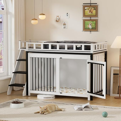 PAKASEPT Dog Crate Furniture, Pet Bunk Bed with Stairs and Storage, Dogs/Cats Window Perch, with Multi-Purpose Blanket and Fluffy Dog Bed for Small Medium Size (55.1L x 28.5" W x 37.4" H)