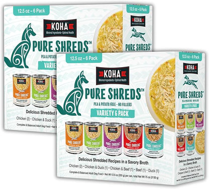 KOHA Pure Shreds Dog Food, 5 Flavors Variety Pack, Wet Food for Picky Eaters, Low Fat, High Protein, 12.5oz Cans, 2 x 6 Pack Cans