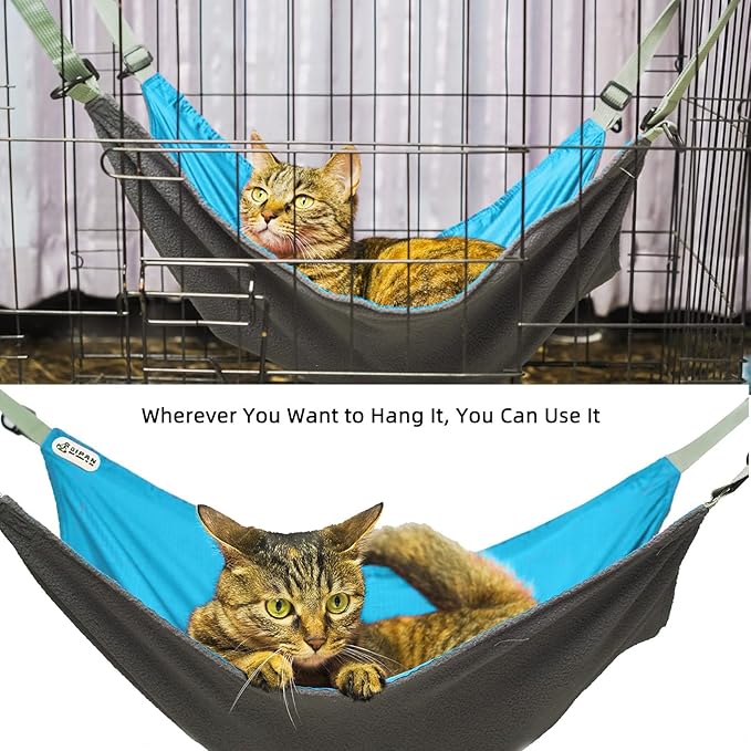 2-Piece Reversible Cat Hammock, Hanging for Cage, Washable Soft Outdoor Mat, Waterproof Cooling Pad (Large, Blue)