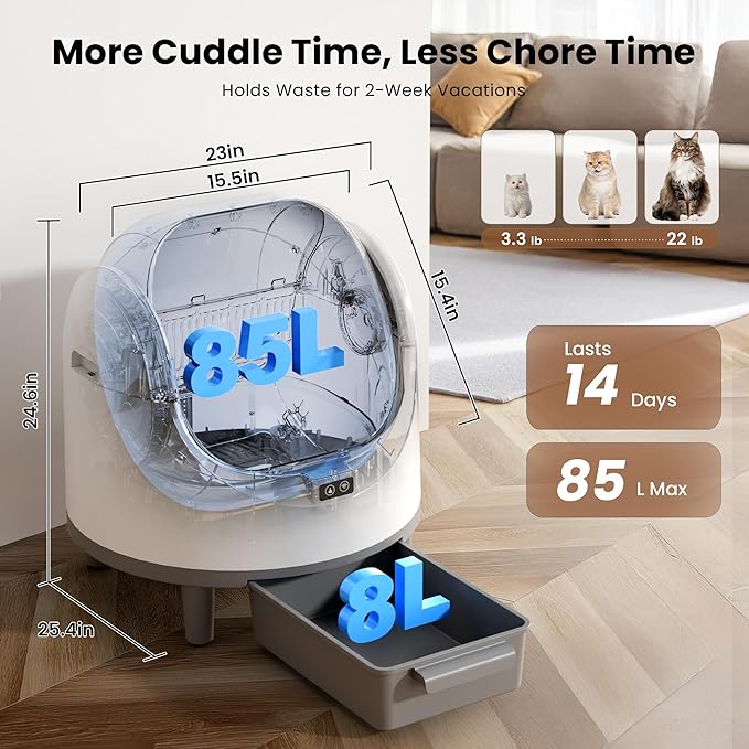 Bashaw Self Cleaning Litter Box, Automatic Cat Litter Box for Multiple Cats, App Control with Safety Sensors, Open Top, Includes Scent Cartridge & Trash Bags