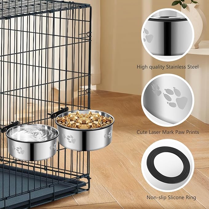 2-in-1 Dog Crate Water Food Bowl No Spill,2 Pack Hanging Dog Bowls for Kennel,Dogs Crate Water Feeder Dish,Stainless Steel Kennel Dogs Bowls Mountable with Non-Slip Bottom for Cats Bunny Ferret Bird