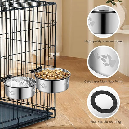 2-in-1 Dog Crate Water Food Bowl No Spill,2 Pack Hanging Dog Bowls for Kennel,Dogs Crate Water Feeder Dish,Stainless Steel Kennel Dogs Bowls Mountable with Non-Slip Bottom for Cats Bunny Ferret Bird