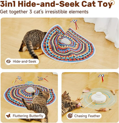 Potaroma Cat Toys Chargeable, 3in1 Hide and Seek, Automatic Interactive Fun, Fluttering Butterfly, Moving Feather, Kitten Wand, Indoor Kitty Exercise Kicker 22.8 Inch Cover for All Breeds
