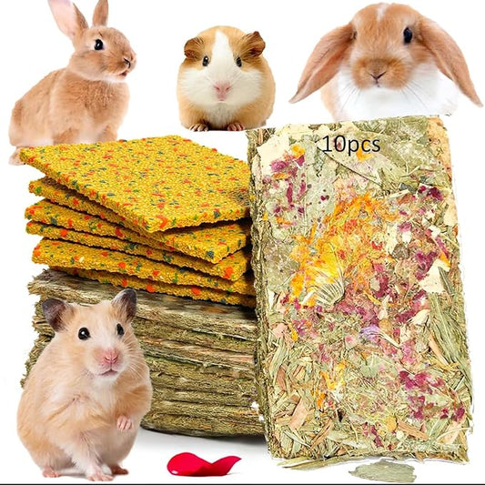 Rabbit Toys 10pcs 2 in 1 Bunny Crisp Treat Guinea Pig Chew Snack for Cleaning Teeth Enrichment Timothy Hay Chips Hamsters Molar Food for Chinchilla Gerbil Rat Indoor Dental Care Boredom (4+6)
