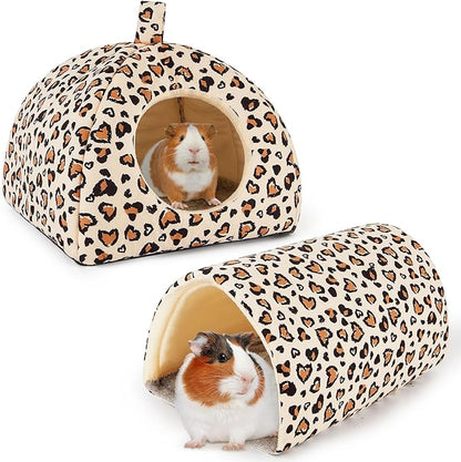 Bienbee Guinea Pig Hideout, Washable Rabbit Bed with Guinea Pig Tunnel, 2 Pack Guinea Pigs Toys Set Bunny Hideout Cage Accessories for Hamster Ferret Rabbits Bunny, Light Khaki Leopard