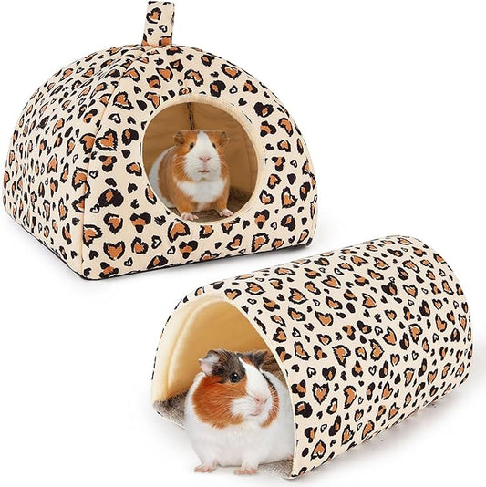 Bienbee Guinea Pig Hideout, Washable Rabbit Bed with Guinea Pig Tunnel, 2 Pack Guinea Pigs Toys Set Bunny Hideout Cage Accessories for Hamster Ferret Rabbits Bunny, Light Khaki Leopard