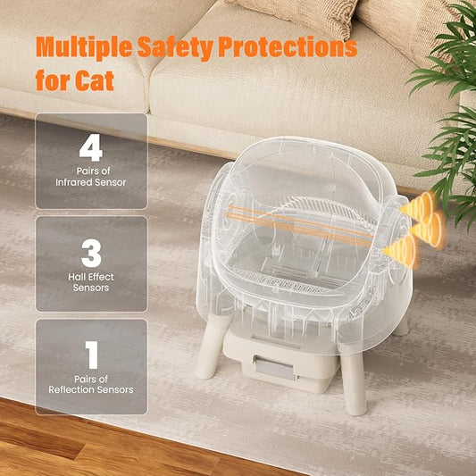 Automatic Litter Box, Self Cleaning Litter Box with Open Top Design, Integrated Safety Protection, Included Mat and Liner, Brown