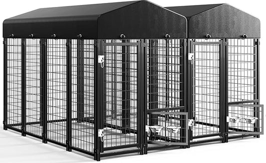 Sino Luban 2PCS Outdoor Dog Kennel Outside Run with Doggy Door, Swivel Feeder&Roof - 8x4x6FT Large Dog Kennels Pens Outside for Large Dogs Breed - Heavy Duty Cage (Can Connect to Your Dog House)