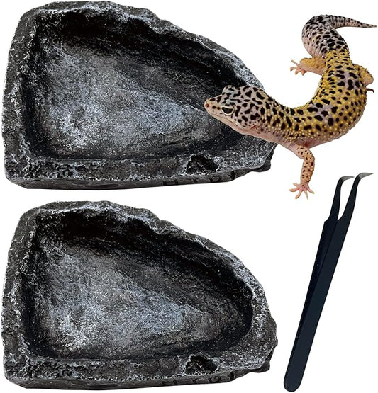 Reptile Feeding Dish 2 Pack Food Dish with Breadworm Feeding for Dragon Leopard Gecko Lizard Spider Scorpion Chameleon (2 Pcs, Deep Color)