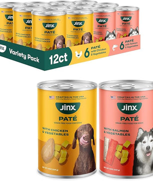 Jinx Premium Wet Dog Food Cans, Variety Pack - Salmon & Chicken Pate - Grain-Free Canned Dog Food Pate & Topper with Real Ingredients & No Fillers - All Life Stages, Breeds & Sizes - 12-Pack, 13 Oz