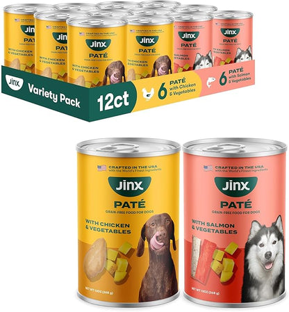 Jinx Premium Wet Dog Food Cans, Variety Pack - Salmon & Chicken Pate - Grain-Free Canned Dog Food Pate & Topper with Real Ingredients & No Fillers - All Life Stages, Breeds & Sizes - 12-Pack, 13 Oz