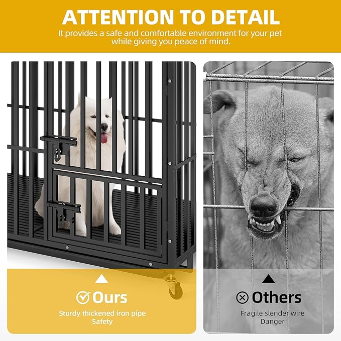 DWVO Heavy Duty Dog Crate, 47 Inch Escape-Proof Dog Cage Indoor Kennel for Medium Large Dogs with Lockable Wheels, 3-Door Design, High Anxiety Dogs Crate with Removable Trays