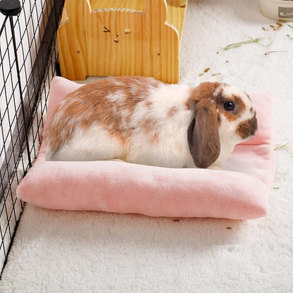 MEWTOGO 15.7 x 14In Rabbit Bed, Thickened Soft Bunny Bed, Cuddle Cushion Plush Mat with Cotton Lounger Pillows, Small Pet Flop Mat for Cage Sleeping Indoor, Pink