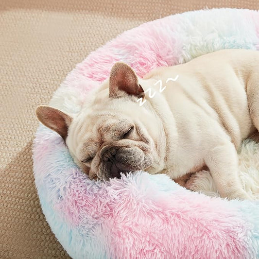 Love's cabin Calming Cat Bed for Indoor Cats,Anti-Anxiety Donut Round Dog Bed,Fluffy Faux Fur Washable Pet Bed for Small Medium Dogs and Cats,Rainbow,20in
