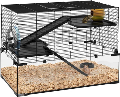 PawHut Large Hamster Cage with Deep Tempered Glass Bottom, 3 Tiers Hamster Tank with Running Wheel, Hut, Water Bottle, Dish, Rat Cage for Syrian, Dwarf, Gerbils, Mouse, 31" x 19" x 21.5", Black