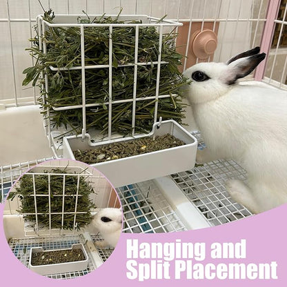 Rabbit Hay Feeder Guinea Pig Hay Feeder, Hay and Food Holder with Hook Heavy-Duty Metal Frame Hay Rack，for Bunny, Guinea Pigs,Chinchillas， Comes with Two Multifunctional Zippers-6.8x6.7x6.6inch