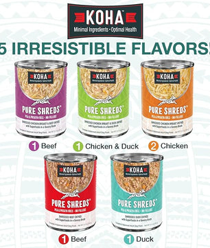 KOHA Pure Shreds Dog Variety Pack, High Protein Wet Dog Food- 5 Flavors - Beef, Duck, Chicken & Duck and Chicken & Beef Food for Dogs - 12.5oz Cans, Pack of 6