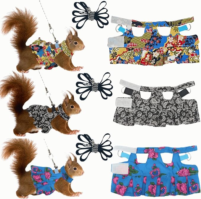 3 Sets Squirrel Leash and Harness Set,Traction Rope Strap, Ferret Harness Vest, Adjustable Flora Small Animal Harness Vest for Ferret, Dwarf Chinchilla, Guinea Pig, Fancy Rat (Medium)