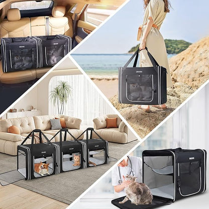 Petskd Combinable Pet Carrier for Large Cat or Medium Dog, 18"x17"x17" Large Cat Carrier for Car Travel, 2 Small Pet Soft Carriers with Food Bag, Bowl and Safety Locking Zippers for Vet, Camping