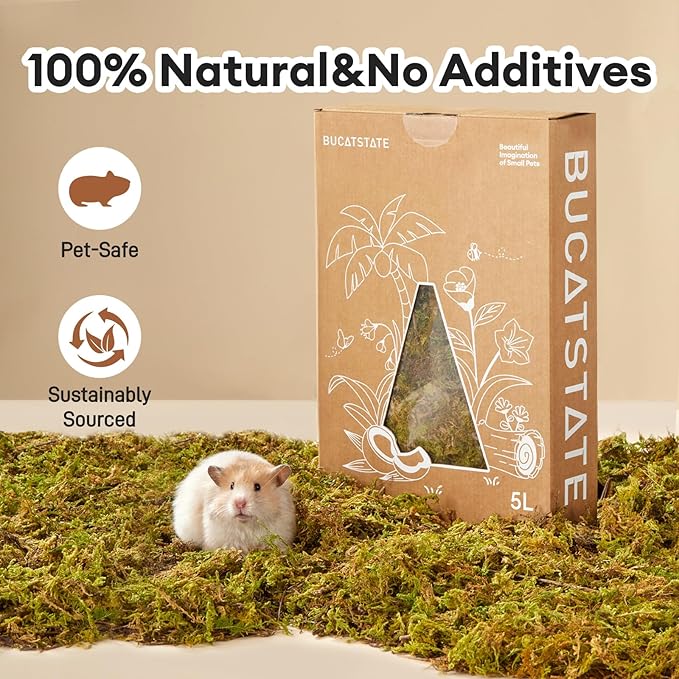 BUCATSTATE 5L Hamster Bedding, Natural Forest Moss Hamster Bedding Odor Control, Nature Hamsters Substrate Cage Accessories for Dwarf Syrian Hamsters, Mice, Gerbils (Dried Moss)