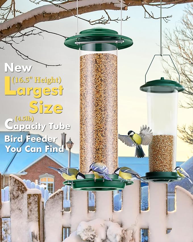 iBorn Metal Bird Feeder for Outside Hanging,Wild Bird Feeders for Cardinal,18cm Large Roof&Green,42CM Long,4.5lb High-Capacity(Seed is not Included)