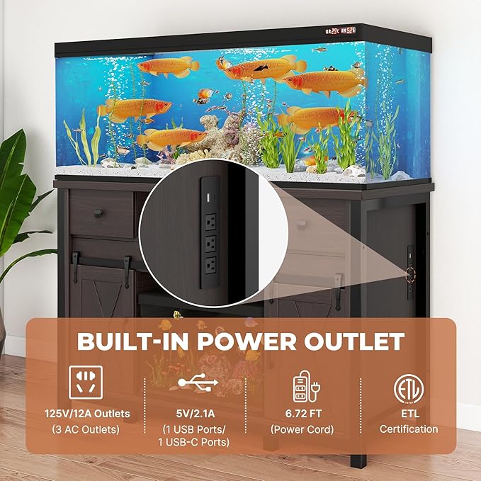 Miereirl 55-75 Gallon Fish Tank Stand with Power Outlet – Heavy Duty Aquarium Stand, Rustic Farmhouse Style, 800 lb Capacity, Adjustable Storage & Sliding Barn Doors, Dark Brown