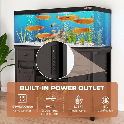 Miereirl 55-75 Gallon Fish Tank Stand with Power Outlet – Heavy Duty Aquarium Stand, Rustic Farmhouse Style, 800 lb Capacity, Adjustable Storage & Sliding Barn Doors, Dark Brown